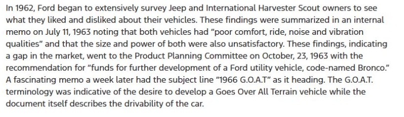 Ford Corporate’s historical paragraph supplied in the project references: the 1963 development memo, 1966 G.O.A.T. and Goes Over All Terrain