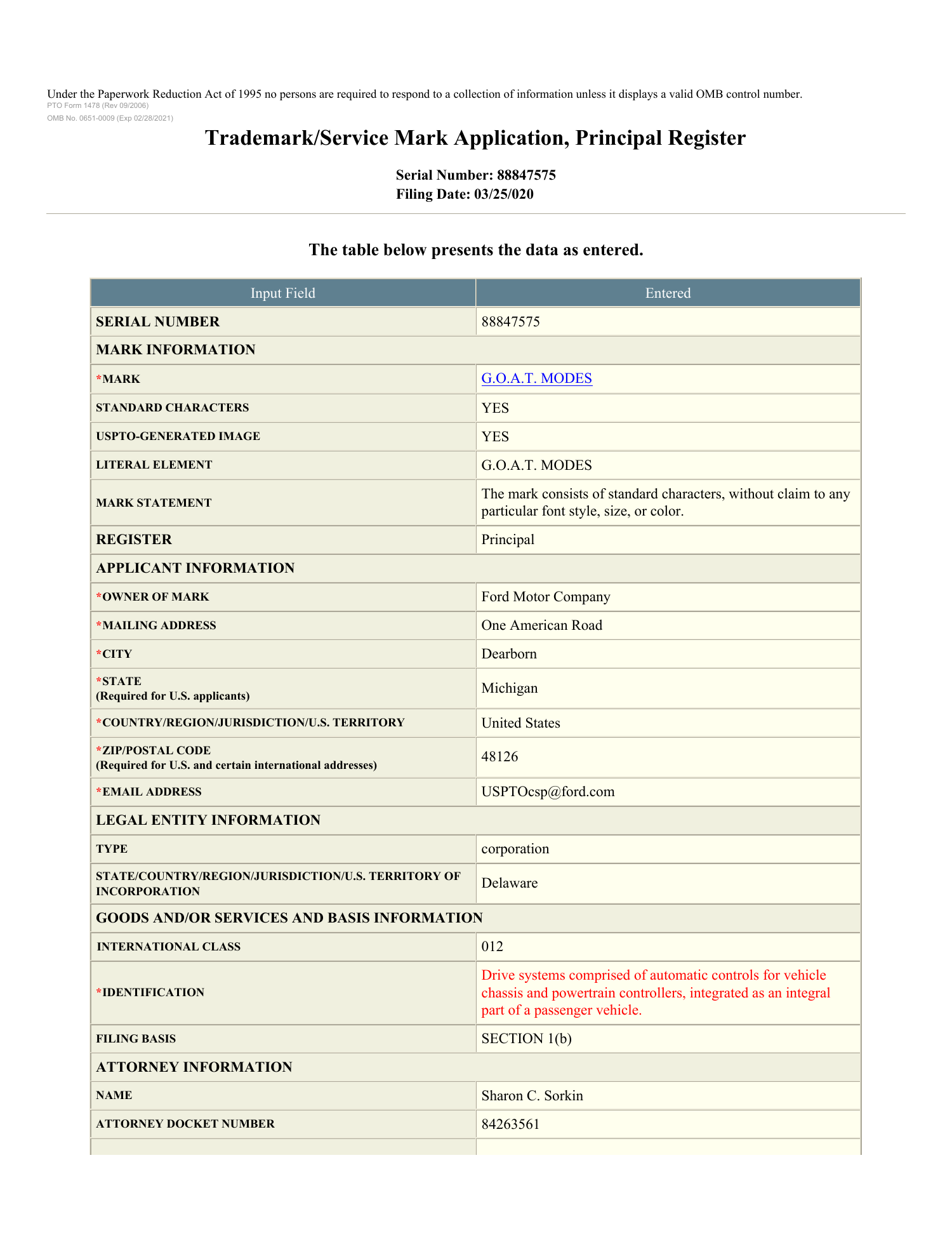 Complete first page of USPTO trademark application serial 88847575. The MARK and LITERAL ELEMENT rows both read G.O.A.T. MODES; the applicant is Ford Motor Company.