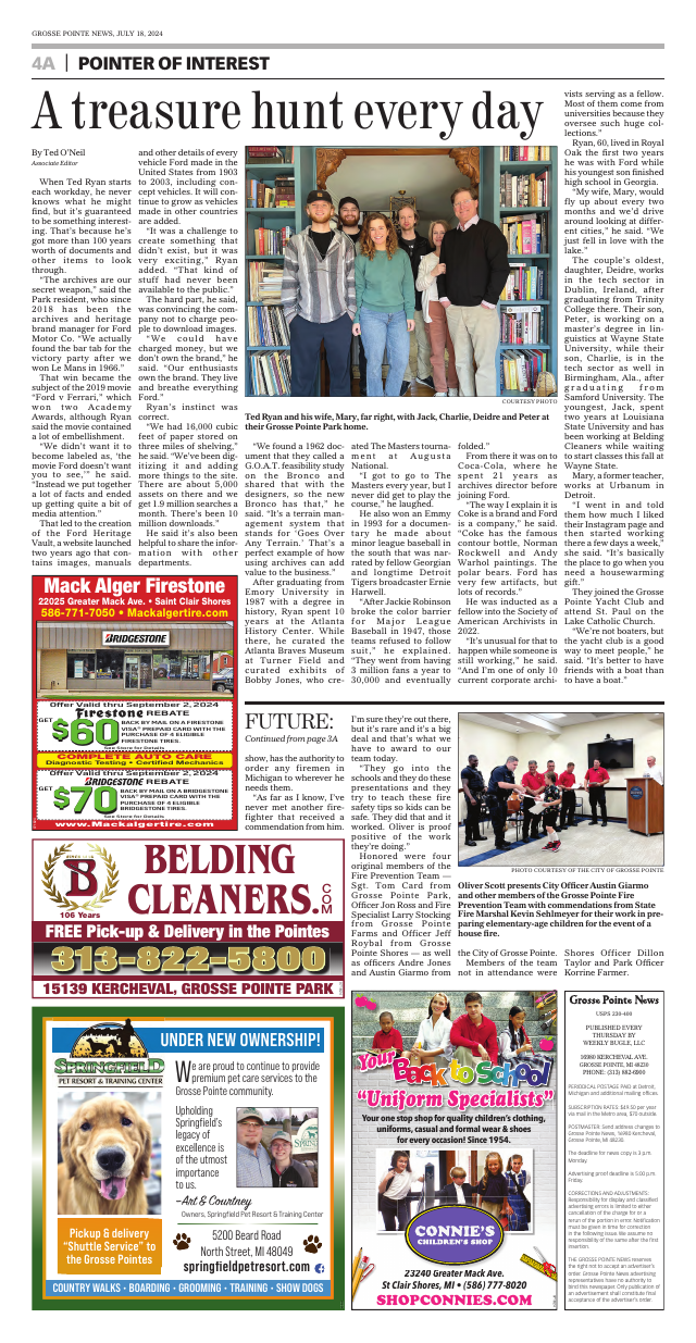 Low-resolution overview of Grosse Pointe News page 4A, July 18, 2024. The article A treasure hunt every day includes Ted Ryan discussing a G.O.A.T. feasibility study and the phrase Goes Over Any Terrain.