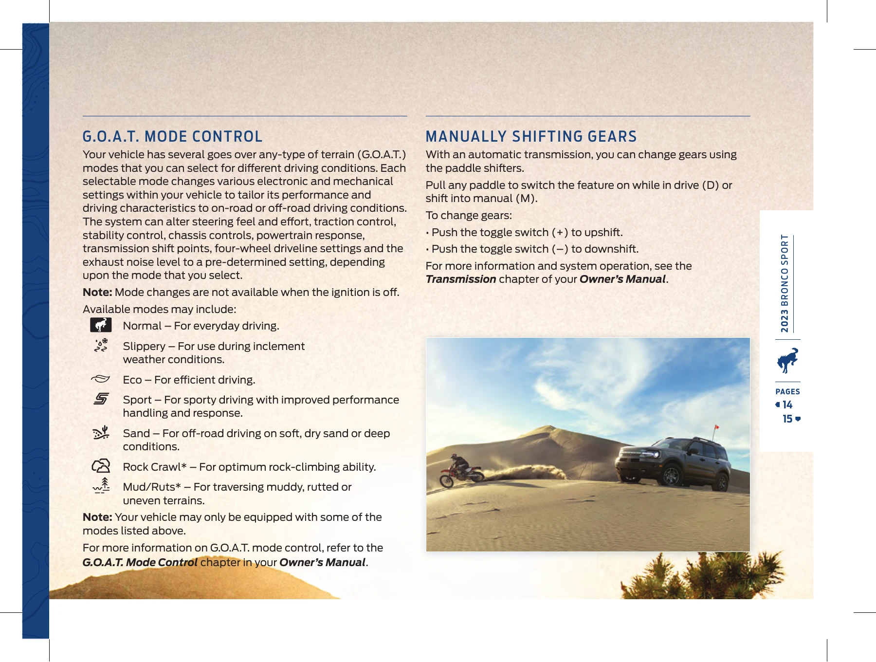 Ford’s 2023 Bronco Sport guide, showing G.O.A.T. Mode Control, terrain-mode symbols and a Bronco Sport photograph.